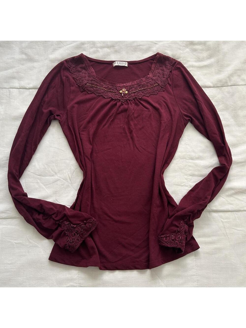 Axes Femme Burgundy Red Lace Beaded Long Sleeve Top Size M Japan